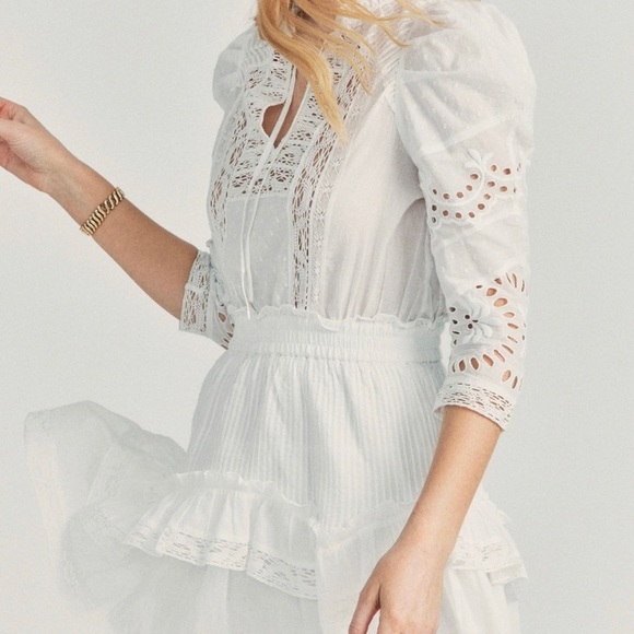 LoveShackFancy Dresses & Skirts - NWT LoveShackFancy Isidore White Boho Lace Ruffle Mini Dress Size Small